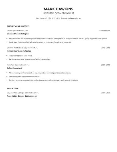 Licensed Cosmetologist Resume
