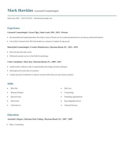 Licensed Cosmetologist Resume