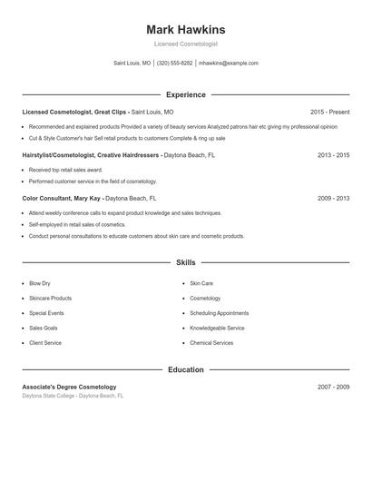 Licensed Cosmetologist Resume