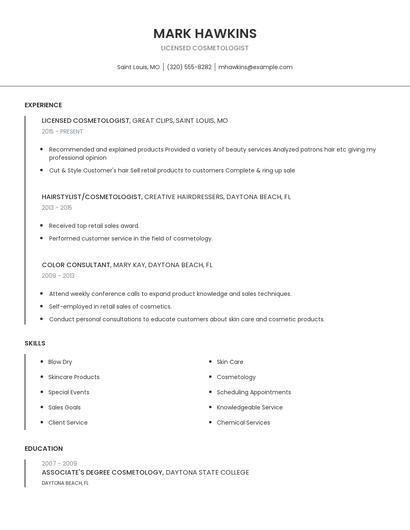 Licensed Cosmetologist Resume